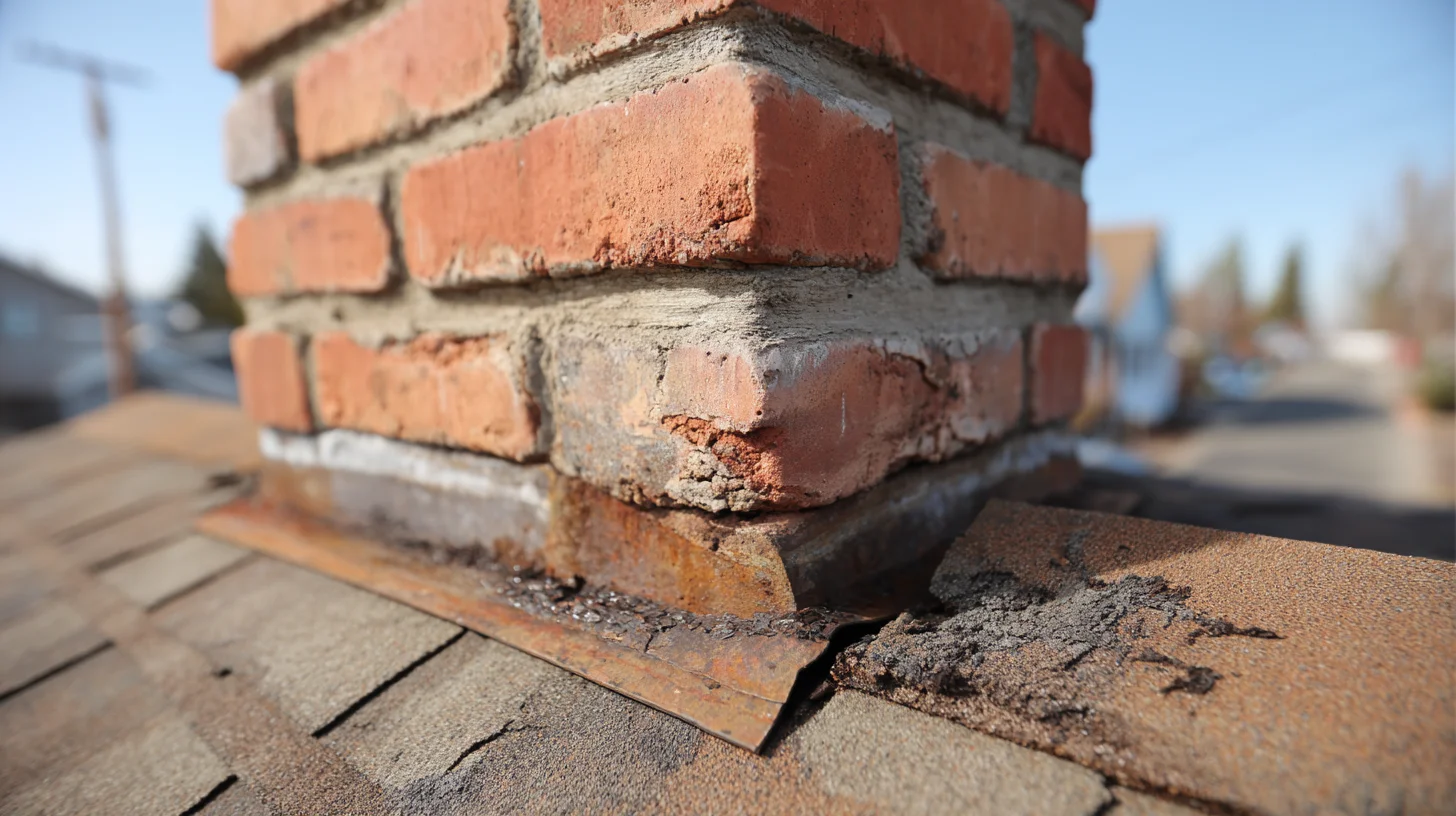 Close up view of roof flashing failure around brick