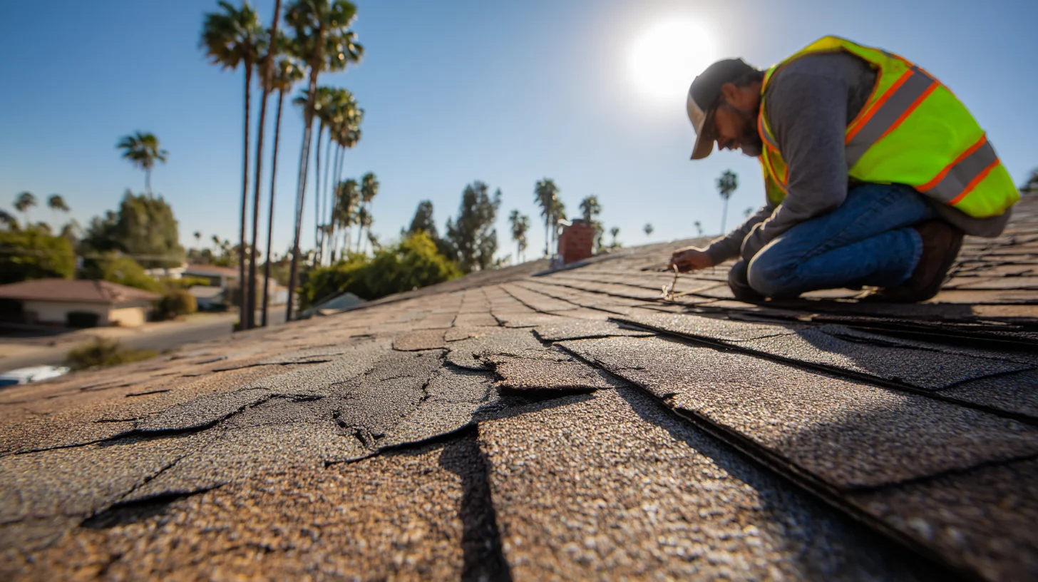 Professional roofing contractor inspecting heat damag