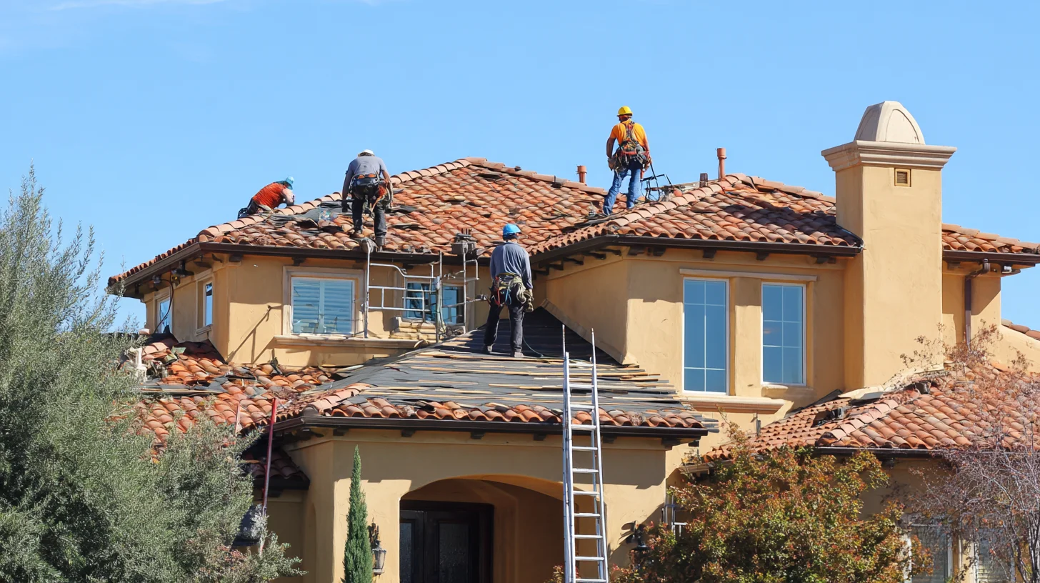 Professional roofing contractor team installing aspha